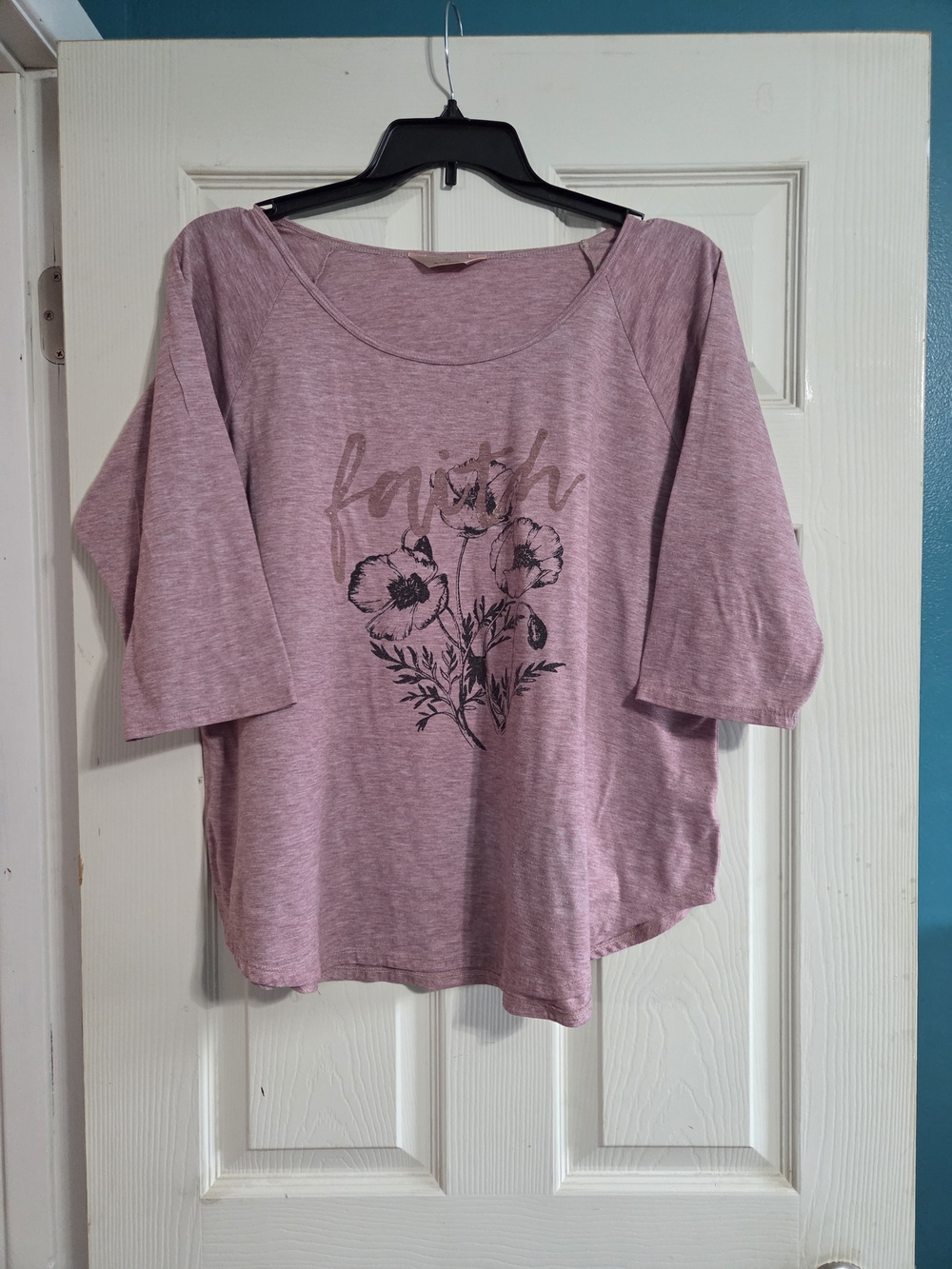 SJS Heather Pink Faith Floral Graphic Blouse Top 3/4 Raglan Sleeve